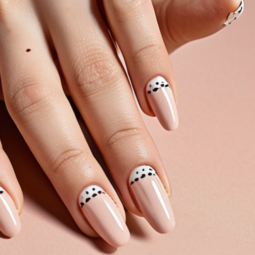 **

Close-up of hands showcasing a minimalist chic nail design using nail stickers. Feature thin vertical lines, subtle polka dots, and small triangles in pastel colors on a nude background. Focus on clean lines and delicate details.

**