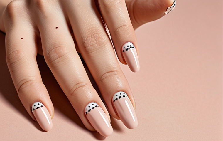 **
Close-up of hands showcasing a minimalist chic nail design using nail stickers. Feature thin vertical lines, subtle polka dots, and small triangles in pastel colors on a nude background. Focus on clean lines and delicate details.
**