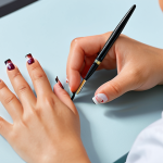 A professional nail artist, fully clothed in a modest, professional uniform, demonstrating meticulous precision while working on a nail. The artist holds a fine liner brush, with focused attention on the detailed design. The setting is a bright, clean, and modern nail salon studio. The artist's well-formed hands are in a natural pose, showcasing proper finger count and natural body proportions. Professional photography style, high quality, soft studio lighting. safe for work, appropriate content, fully clothed, family-friendly, perfect anatomy, correct proportions.