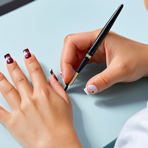 A professional nail artist, fully clothed in a modest, professional uniform, demonstrating meticulous precision while working on a nail. The artist holds a fine liner brush, with focused attention on the detailed design. The setting is a bright, clean, and modern nail salon studio. The artist's well-formed hands are in a natural pose, showcasing proper finger count and natural body proportions. Professional photography style, high quality, soft studio lighting. safe for work, appropriate content, fully clothed, family-friendly, perfect anatomy, correct proportions.
