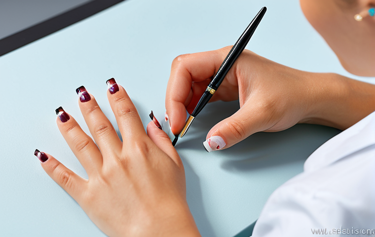 A professional nail artist, fully clothed in a modest, professional uniform, demonstrating meticulous precision while working on a nail. The artist holds a fine liner brush, with focused attention on the detailed design. The setting is a bright, clean, and modern nail salon studio. The artist's well-formed hands are in a natural pose, showcasing proper finger count and natural body proportions. Professional photography style, high quality, soft studio lighting. safe for work, appropriate content, fully clothed, family-friendly, perfect anatomy, correct proportions.