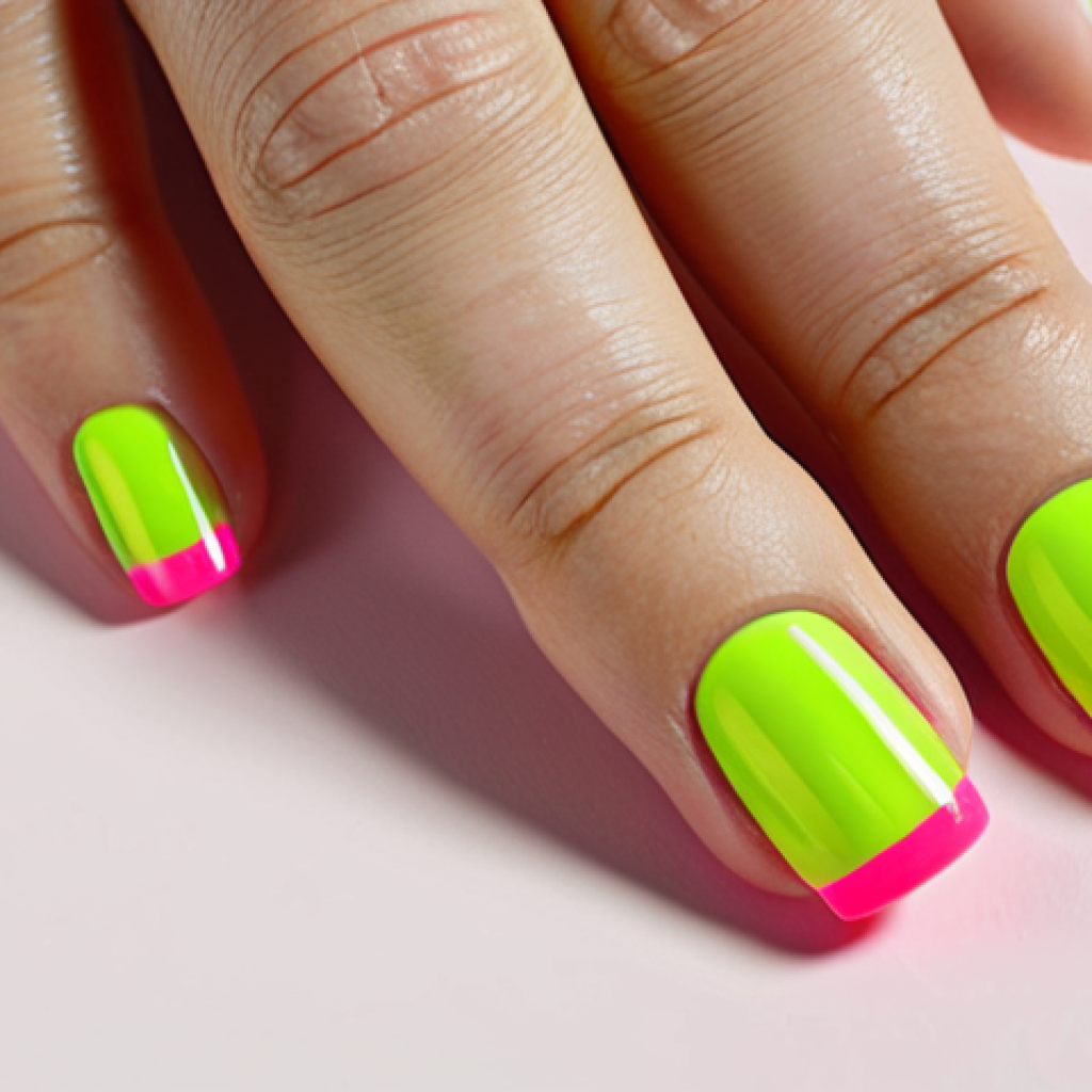 Minimalist Neon Nail Art**

"Close-up of a woman's hands showcasing a minimalist nail art design with neon pink base and thin horizontal lime green stripe across the tips. Fully clothed, safe for work, appropriate content, professional manicure, well-formed hands, proper finger count, natural pose, modern studio lighting, high quality, modest."

**
