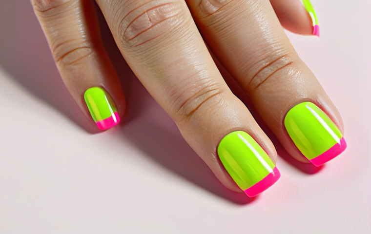 Minimalist Neon Nail Art**

"Close-up of a woman's hands showcasing a minimalist nail art design with neon pink base and thin horizontal lime green stripe across the tips. Fully clothed, safe for work, appropriate content, professional manicure, well-formed hands, proper finger count, natural pose, modern studio lighting, high quality, modest."

**