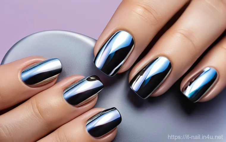 특수 효과 네일 파우더 사용법 - **"Radiant Chrome Mirror Manicure"**
    A highly detailed, macro close-up image of a hand with perf...
