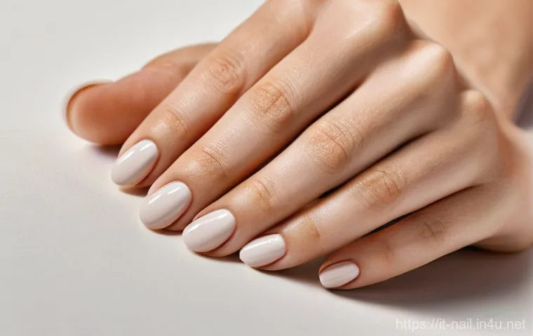 손톱 모양별 네일 디자인 추천 - **Prompt:** A close-up shot of a woman's hands with perfectly manicured, medium-length almond-shaped...