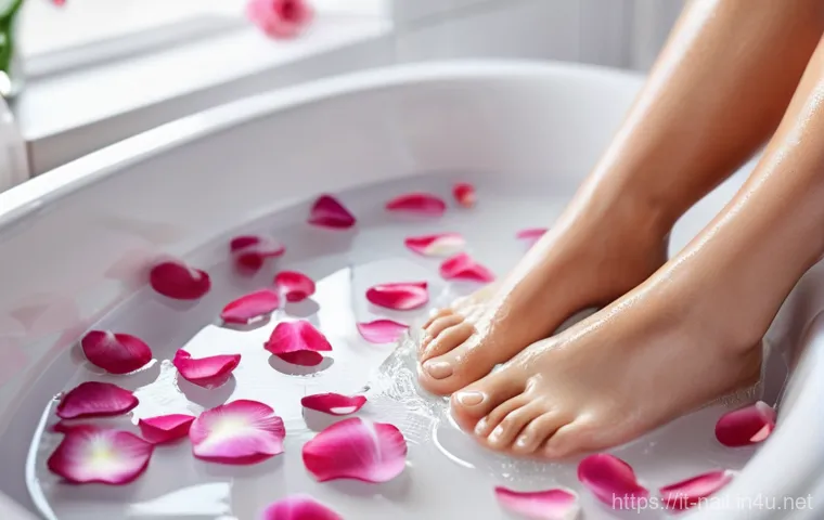 발 각질 제거기 추천 - **Prompt:** A serene and cozy close-up of a young woman's bare feet, perfectly clean and well-mainta...