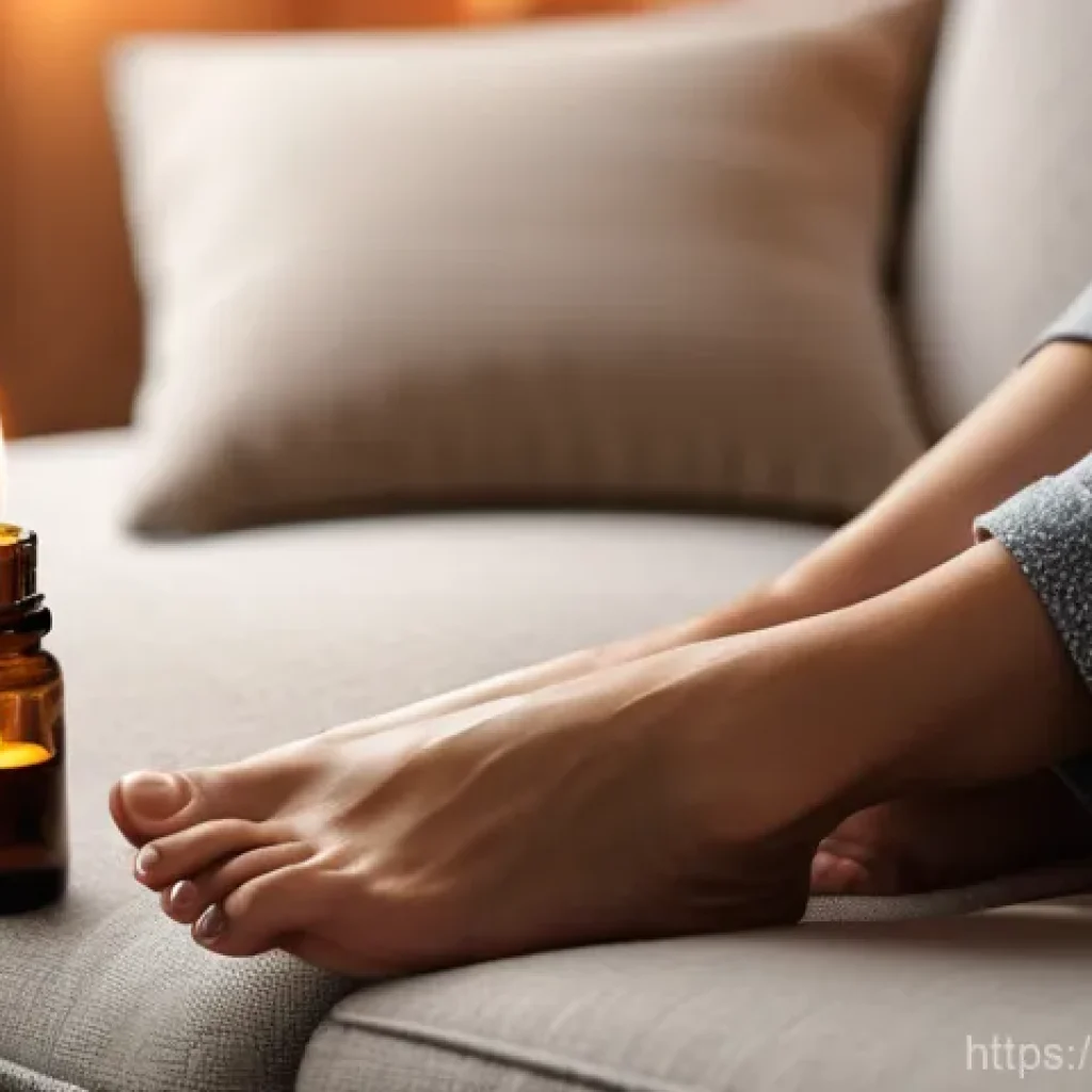 풋케어 마사지 오일 추천 - **Prompt:** A person is seated comfortably on a soft sofa in a warmly lit living room during the eve...