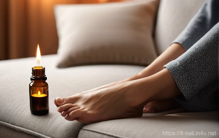 풋케어 마사지 오일 추천 - **Prompt:** A person is seated comfortably on a soft sofa in a warmly lit living room during the eve...