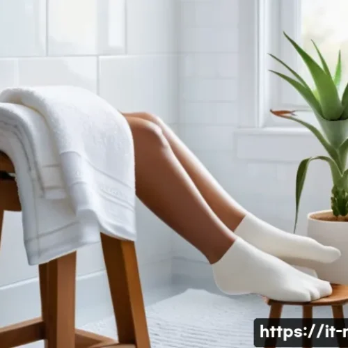 Home 21 건조한 발 보습 크림 베스트 - A cozy bathroom scene featuring a pair of adult feet with smooth, well-moisturized skin, wearing sof...