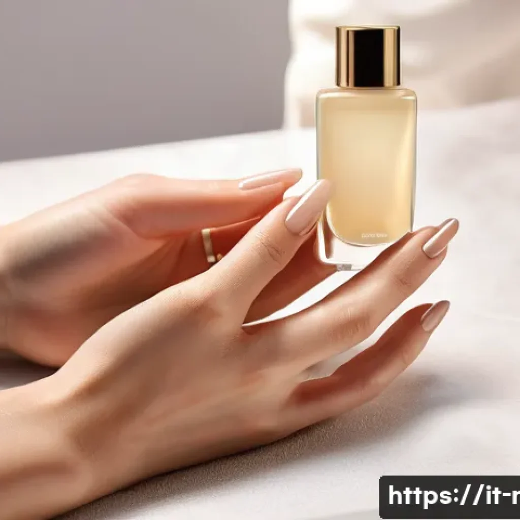 손톱강화제 추천과 효과 비교 - A close-up, high-resolution image of a stylish, well-manicured hand applying a clear nail strengthen...