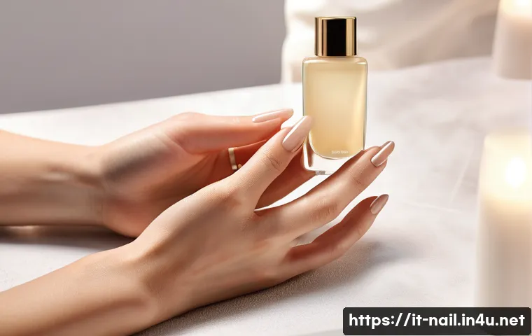 손톱강화제 추천과 효과 비교 - A close-up, high-resolution image of a stylish, well-manicured hand applying a clear nail strengthen...