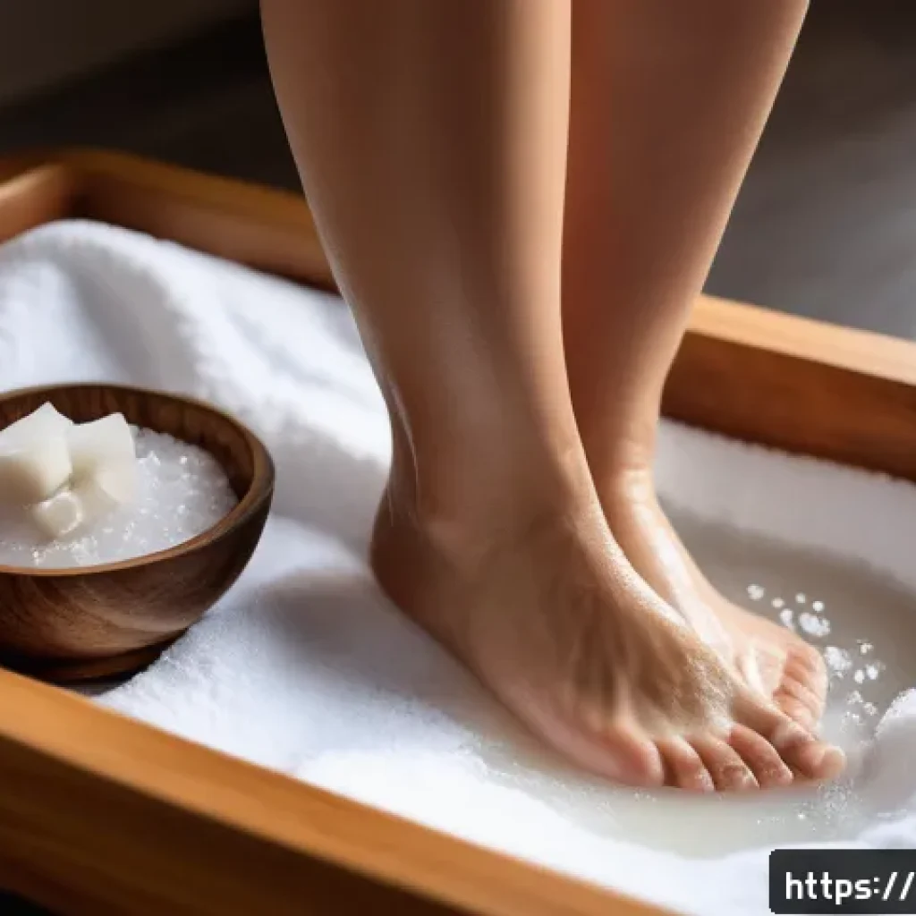 풋케어 루틴  주 1회 관리법 - A cozy evening scene showing a person&rsquo;s feet soaking in a warm foot bath with essential oils and sea...