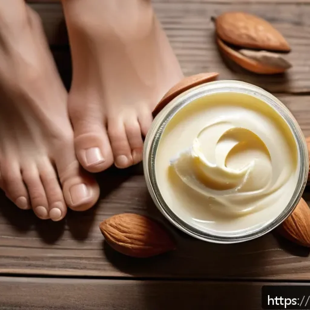 각질 케어 전용 풋크림 추천 - A close-up image of a pair of well-groomed adult feet with smooth, hydrated skin, resting on a natur...
