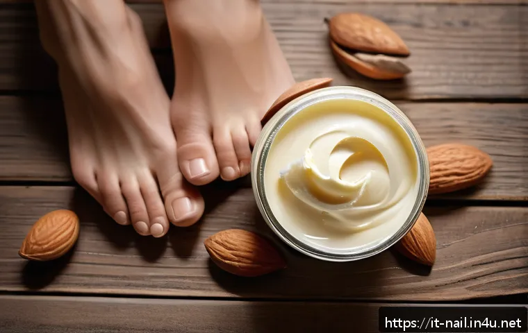 각질 케어 전용 풋크림 추천 - A close-up image of a pair of well-groomed adult feet with smooth, hydrated skin, resting on a natur...