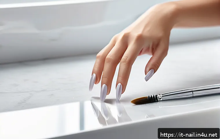 손톱 회복용 강화 제품 추천 - A close-up image of a well-manicured hand applying a transparent nail strengthening treatment enrich...
