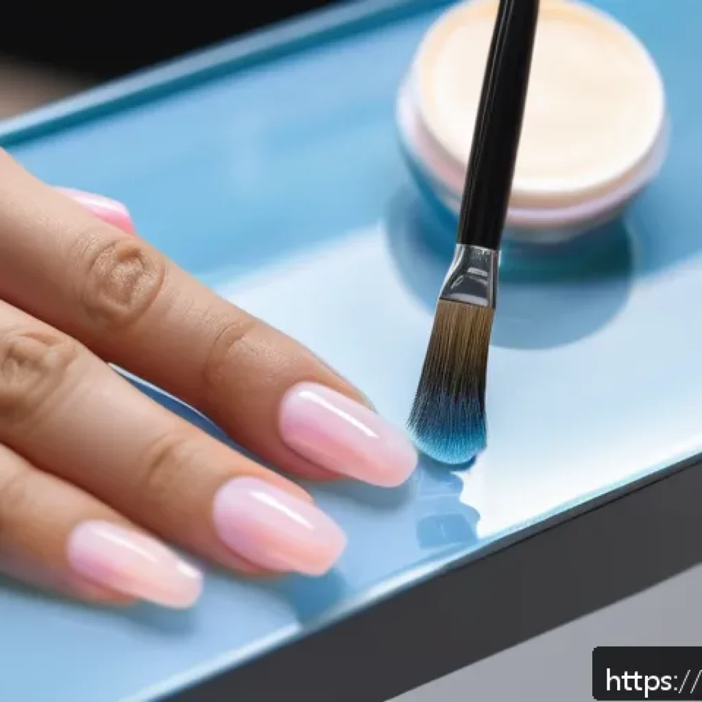 젤 네일 필오프 베이스 장단점 - A close-up image of a well-manicured hand applying peel-off gel nail base with a small brush. The na...