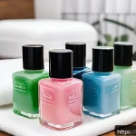 Home 22 젤 브러쉬 클리너 추천 - A professional nail artist’s workspace featuring a variety of gel brush cleaners displayed on a slee...