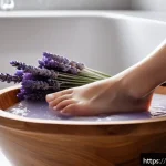 발 각질 제거 후 풋팩 추천 - A cozy evening foot care scene featuring a pair of clean, well-groomed feet soaking in a warm basin ...