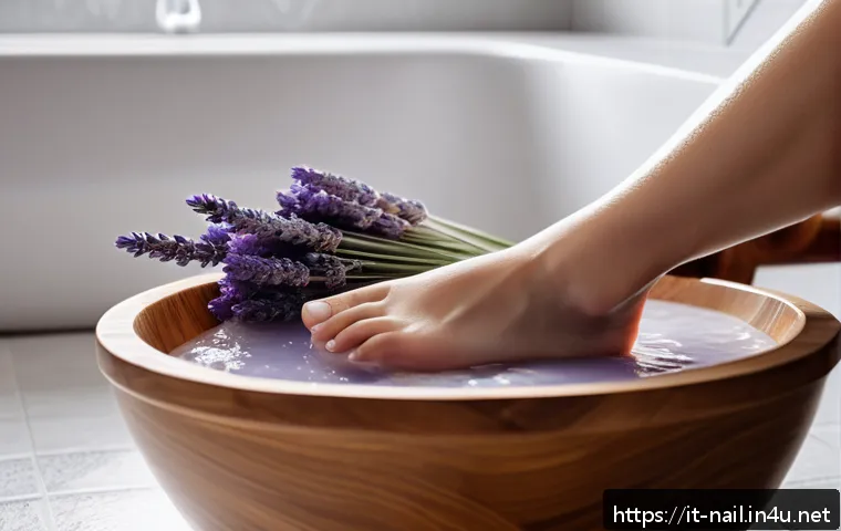 발 각질 제거 후 풋팩 추천 - A cozy evening foot care scene featuring a pair of clean, well-groomed feet soaking in a warm basin ...
