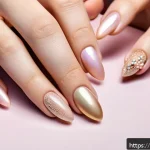 다양한 모양의 네일 파츠 활용법 - A close-up of elegant almond-shaped nails with a sophisticated ballerina form, featuring a mix of ma...