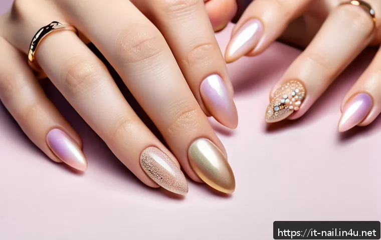 다양한 모양의 네일 파츠 활용법 - A close-up of elegant almond-shaped nails with a sophisticated ballerina form, featuring a mix of ma...