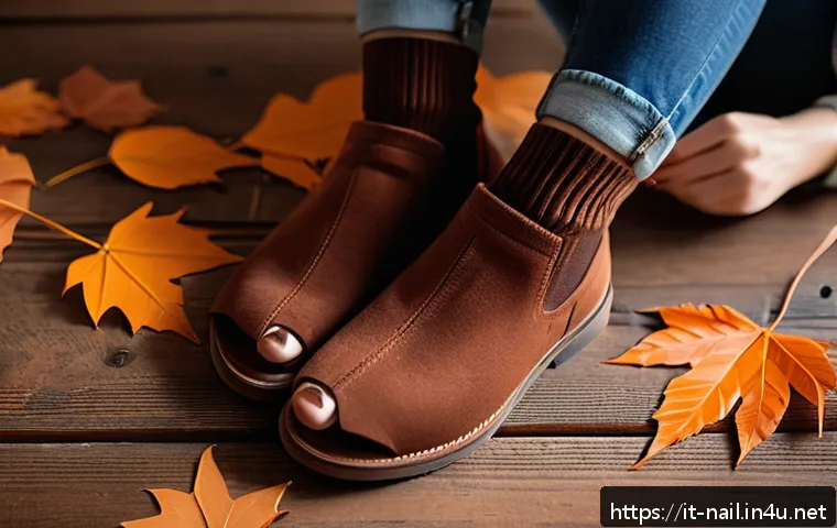 가을에 어울리는 페디큐어 컬러 - A close-up image of a woman&rsquo;s feet featuring a sophisticated autumn pedicure in matte terracotta nai...
