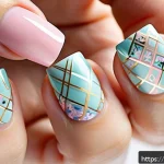 Home 18 네일 랩과 젤 네일의 차이 - A close-up image of a hand showcasing elegant Nail Wrap nails with intricate floral and geometric pa...