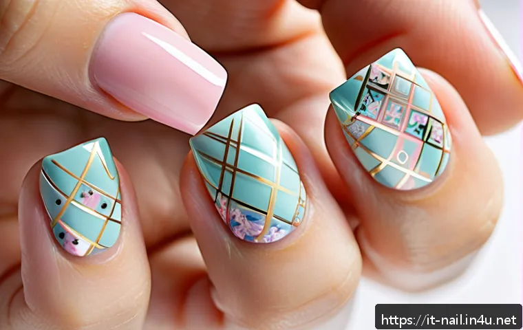 네일 랩과 젤 네일의 차이 - A close-up image of a hand showcasing elegant Nail Wrap nails with intricate floral and geometric pa...