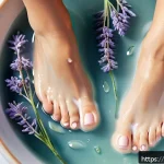 Home 23 풋케어용 각질 제거 크림 비교 - A close-up, high-resolution image of a pair of well-groomed female feet soaking in a shallow basin f...