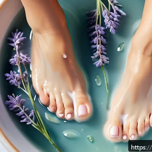 Home 17 풋케어용 각질 제거 크림 비교 - A close-up, high-resolution image of a pair of well-groomed female feet soaking in a shallow basin f...