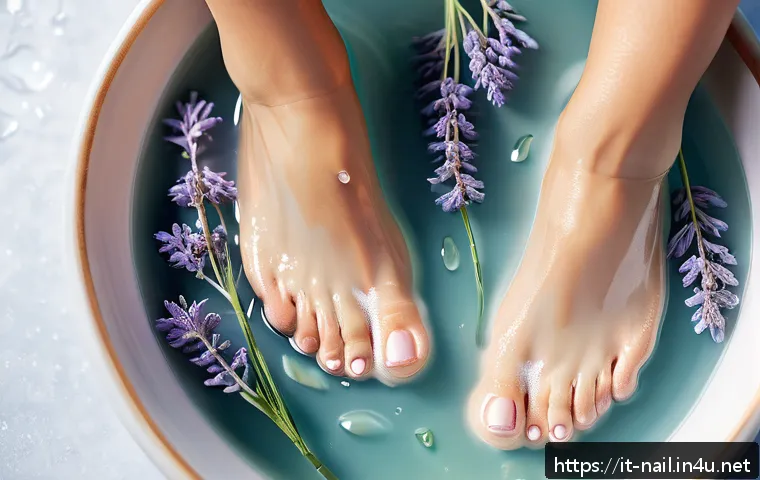 풋케어용 각질 제거 크림 비교 - A close-up, high-resolution image of a pair of well-groomed female feet soaking in a shallow basin f...