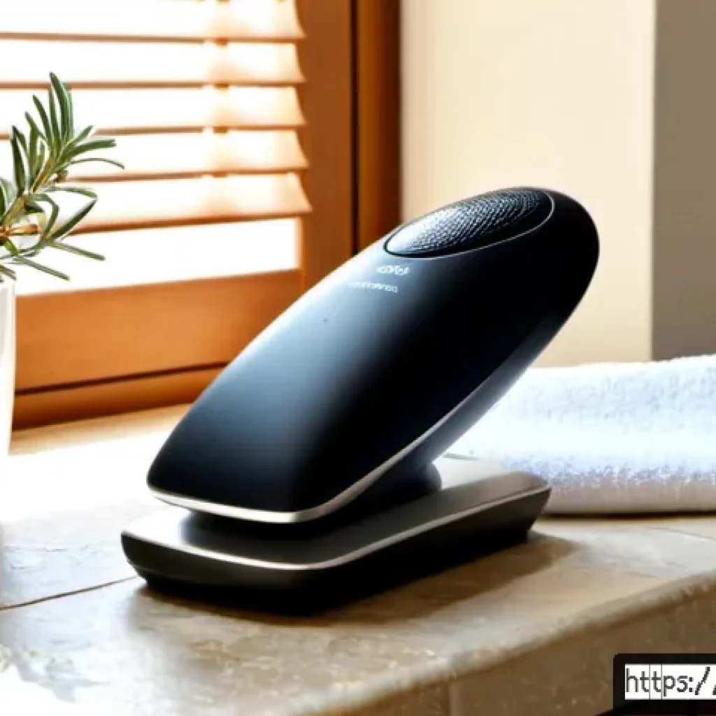 풋 파일 전동 제품 추천 - Photorealistic product recommendation scene in a sunlit Italian bathroom, a sleek electric foot file...