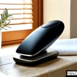 풋 파일 전동 제품 추천 - Photorealistic product recommendation scene in a sunlit Italian bathroom, a sleek electric foot file...