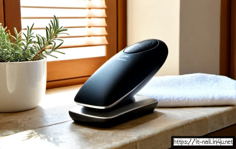 풋 파일 전동 제품 추천 - Photorealistic product recommendation scene in a sunlit Italian bathroom, a sleek electric foot file...