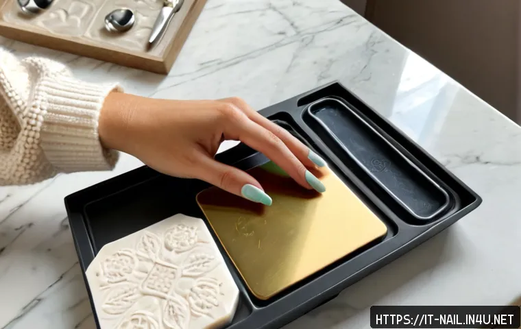 초보자를 위한 네일 스탬핑 키트 - Photorealistic overhead view of a beginner nail stamping kit arranged neatly on a pale marble vanity...